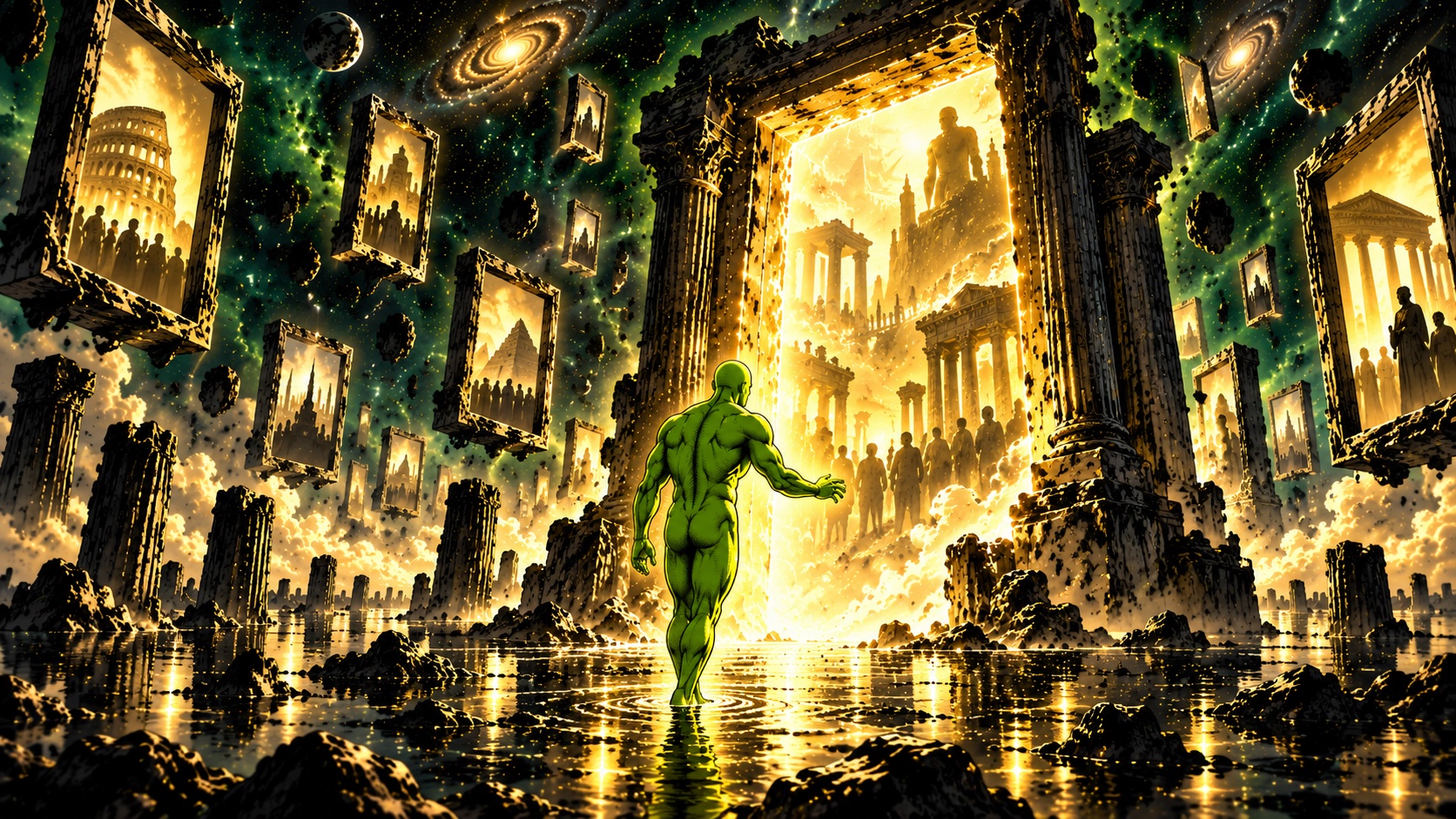 The green philosopher walking through luminous gates that hold memories of ancient civilizations