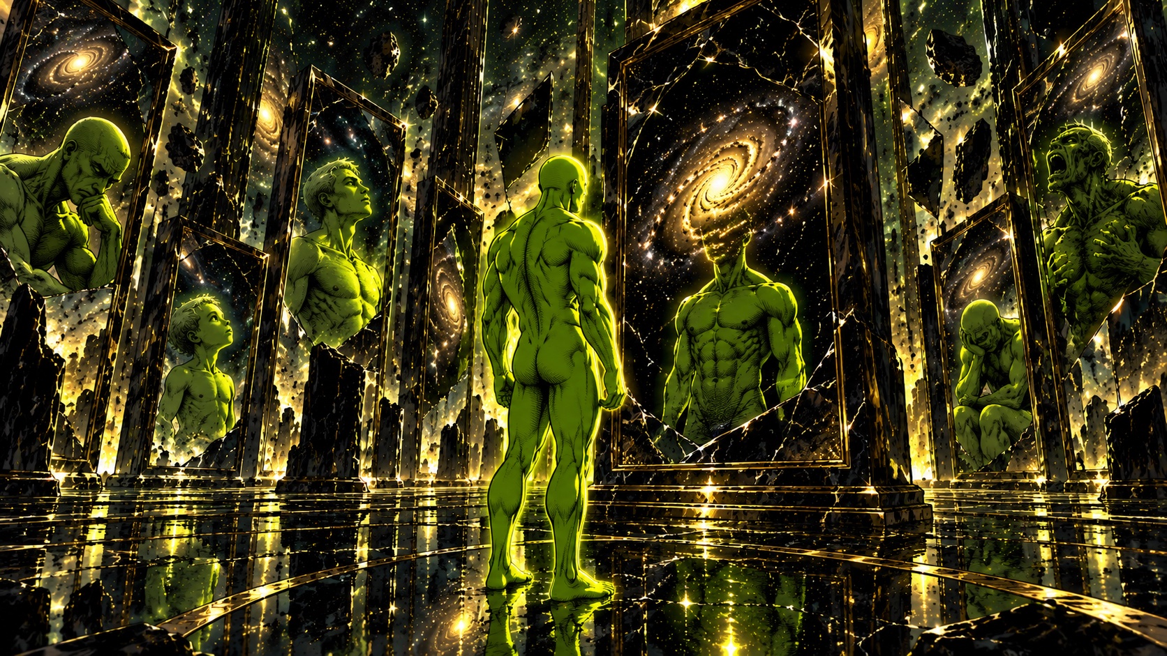 The green philosopher standing among cosmic mirrors that reflect many possible selves
